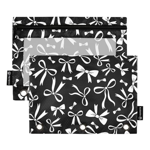 Black White Bow Pencil Pouch for 3 Ring Binder 2 Pcs Binder Pouches with Zipper Pocket Pencil Case Bag with Clear Window for Office Work School Supplies - color: Black White Bow