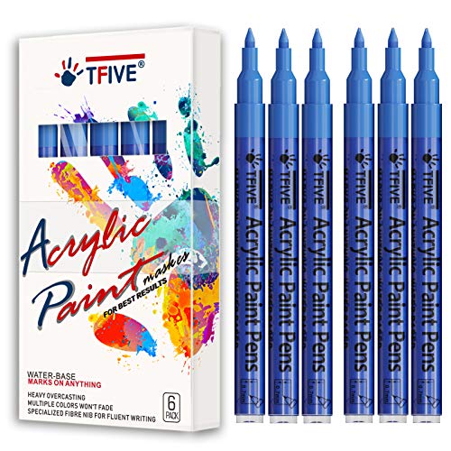 TFIVE Blue Marker Paint Pens - 6 Pack Acrylic Permanent Marker, 0.7mm Extra Fine Tip Waterproof Blue Paint Markers for Art Project, Rock, Ceramic, Glass, Wood, Plastic, Metal, Canvas, DIY Craft - color: Blue