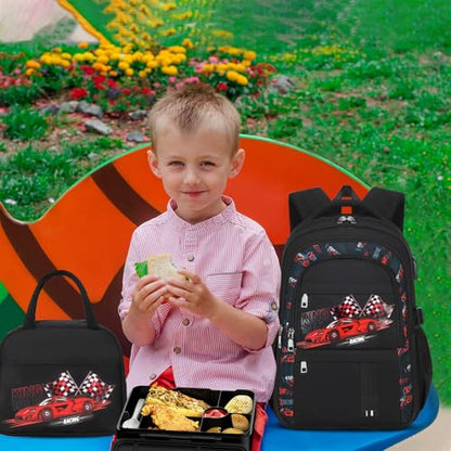 ACESAK Luminous Boys Backpack - Racing Car Bento Box with Insulated Lunch Bag Pencil Case & Utensils Set for Kids, 6 Leakproof Compartments Removable Tray Lunches or Snack Container (Racing Car) - color: Red Car