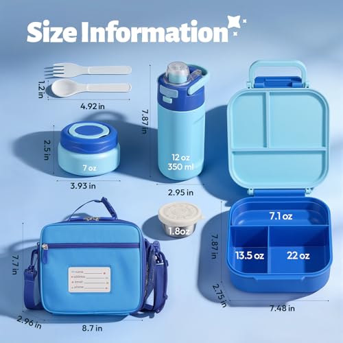 Itslife Bento Box for Kids Set, Insulated Food Container,Kids Lunch Box, 7 oz Thermos for Hot Food, 12 oz Thermos Water Bottle, Reusable Insulated Ice Bag & Fork Spoon Utensils Camping Travel Blue - color: Blue