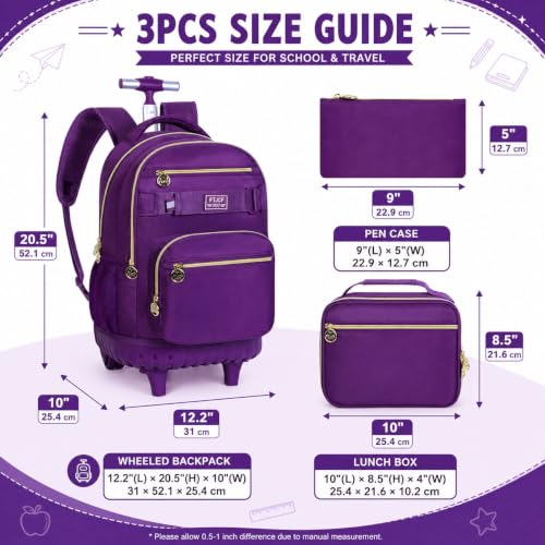 HPJGD 3PCS Girls Rolling Backpack, Womens Dark Purple School Backpacks with Wheels, Water Resistant Roller Kids Wheeled Bookbag Set - color: Classic Dark Purple Rolling Backpack Set