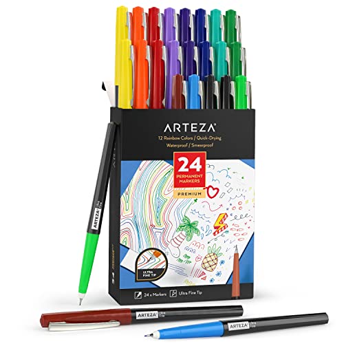 ARTEZA Permanent Markers, 24 Ultra Fine Tip Paint Pens, 12 Rainbow Colors, 2-mm Line, Quick-Drying, Water Resistant, for Calligraphy and Sign Making - style: Set 24, 12 Rainbow Colors