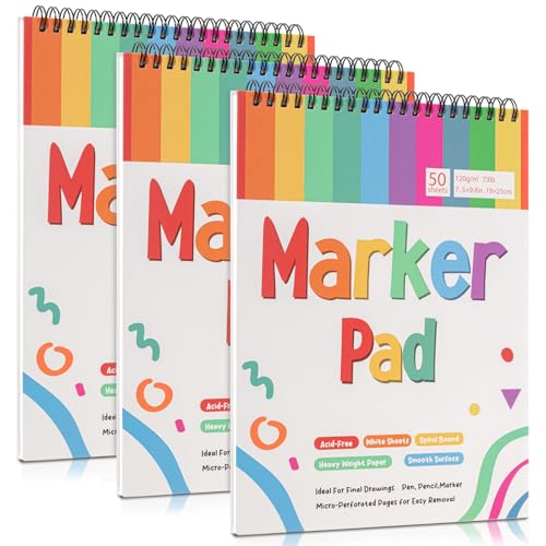 3 Pack Marker Paper Pad, 7.5 × 9.8 in, 150 Sheets, Spiral Bound | 120gsm Bleed-Resistant Acid-Free Paper, Smooth for Alcohol Markers, Tear-Off Pages, Flat-Lay Spiral Design - color: Rainbow Colors (3 Pink)