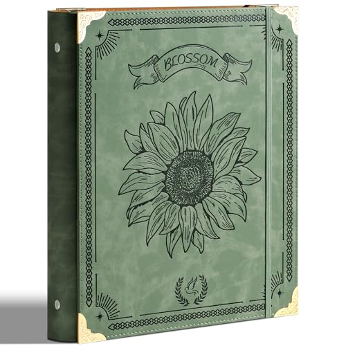 Ovesmusl Sunflower PU Leather 3 Ring Binder 2 Inch Fits 8.5"x11" Paper | 2 Inch Round Ring Binder Holds 500 Sheets, Notepad Paper Cover Loose Leaf Organizer, Green - color: Green Flower, size: 2" Ring