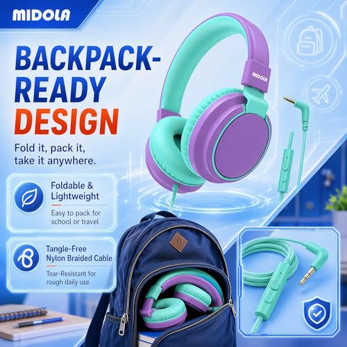 MIDOLA Kids Headphones for School Learning,Volume Limited 85/94dB, Foldable Lightweight Over-Ear Wired Headphones for Kids Toddler Girls Boys 3.5mm for Pad,Headsets with Built-in Mic Purple - color: Purple