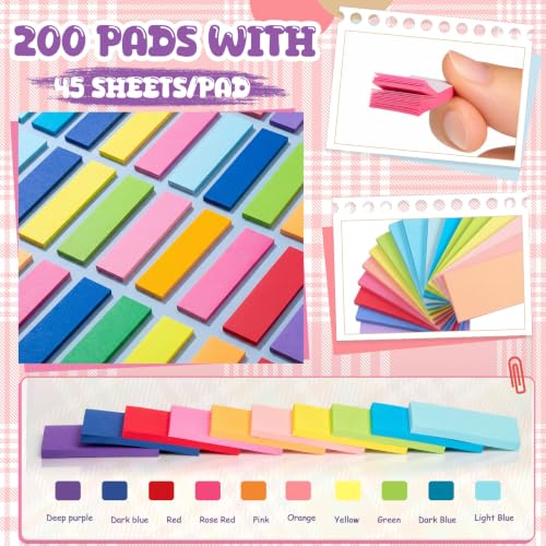 Zubebe 200 Pads 0.5 x 1.8 Inch Sticky Notes Bulk, Bright Colors Notepads Self Stick Note Square Memo Sticky for Office Back to School, 45 Sheets/pad - size: 0.5 x 1.8 Inch