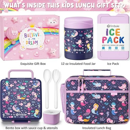 Fimibuke Kids Bento Snack Lunch Box with Thermo Insulated Toddler Lunch Bag | Lunch Box Kids with 4 Compartment, Food Jar, Ice Pack, Utensils, Birthday Gifts for Ages 3-12 Back to School Toddler Girl Boy - color: A5.Mermaid