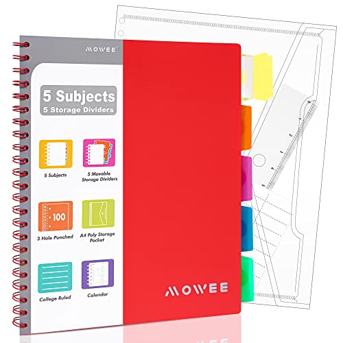 Spiral Notebook - 5 Subject Notebook, College Ruled Notebook 3-Hole Punched With Dividers, Storage Pockets, 11" Ruler, 200 Pages, for Writing Journal, Home &Office, School Supplies（Red） - color: Red, size: 1 Pack