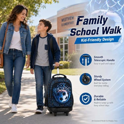 HPJGD 3PCS Soccer Rolling Backpack for Boys, Kids School Backpacks with Wheels, Water Resistant Roller Wheeled Bookbag Set with Lunch Box - color: Black Soccer Rolling Set