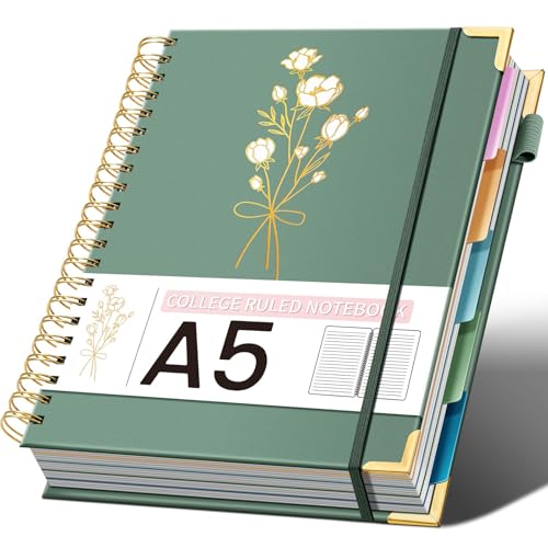 Hardcover Spiral Notebooks 6.1" X 8.4" Note Taking 5 Subject Notebook College Ruled with Dividers 240 Pages 100GSM Aesthetic Spiral Notebook for Work School Cute Journals for Women Writing, Green - color: Green, size: 8.4"x6.1"