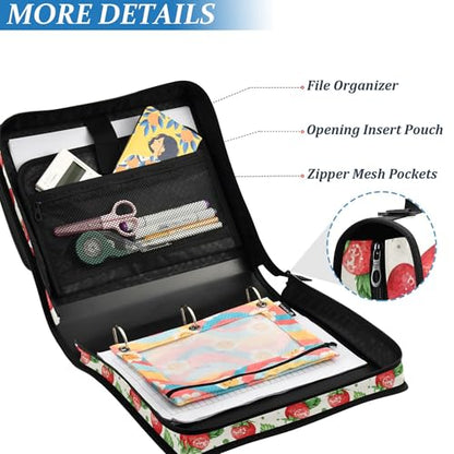Cute Strawberry Zipper Binder 3 Ring with Shoulder Strap, Multiple Pockets Expanding File Folder Binder Bag Organizer