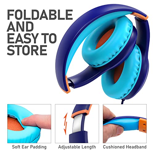 FosPower Kids Headphones with 3.5mm Laced Cables, Children & Teens Over The Ear Foldable Adjustable Headset w/Built-in Mic for Smartphones/PC/Tablet/Laptop/School (Max Volume 85dB) - Blue - color: 06 - Blue