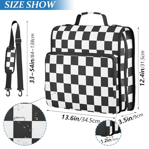 Fisyme Black and White Checkerboard Plaid Zipper Binder 3 Ring with Zipper and Shoulder Strap Large Capacity Multi-Pocket Binder Organizer - color: Multi-black White