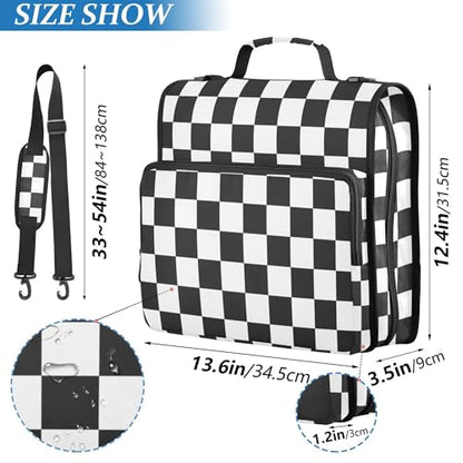 Fisyme Black and White Checkerboard Plaid Zipper Binder 3 Ring with Zipper and Shoulder Strap Large Capacity Multi-Pocket Binder Organizer - color: Multi-black White