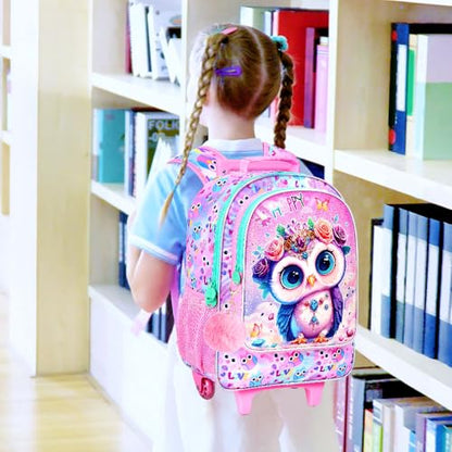 3Pcs Rolling Backpack for Girls, Kids Roller School Backpack with Wheels, Owl Wheeled Bookbag for Elementary Preschool Kindergarten(Pink) - color: Owl Pink