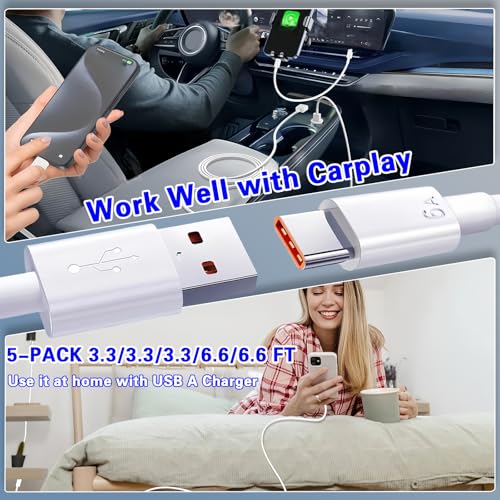5pack USB A to C Cable 60W【5 * 3.3Ft】 Fast Charging 6A Quick Charger Cord, Compatible with iPhone 17/16/15,Samsung Galaxy S10 S9 S8 Plus, Note 10 9 8, LG V50 V40 G8 G7 (White) - size: 3.3ft+3.3ft+3.3ft+3.3ft+3.3ft
