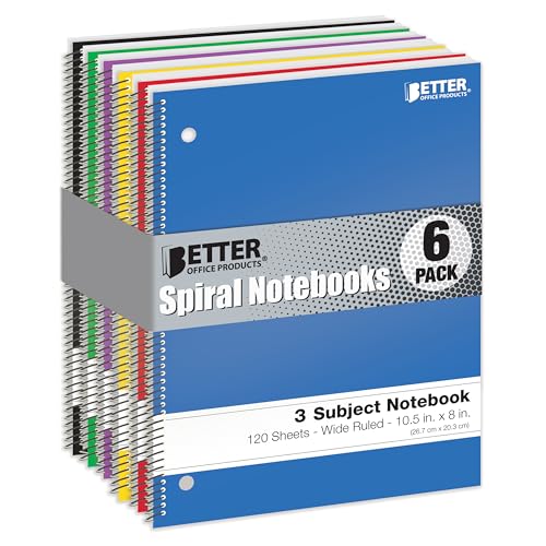 Better Office Products Spiral Notebooks 3-Subject, Wide Rule, 120 Sheet Notebook with Sturdy Pocket Dividers, 10.5 x 8 inches, 6 Assorted Primary Colors, 6 Pack