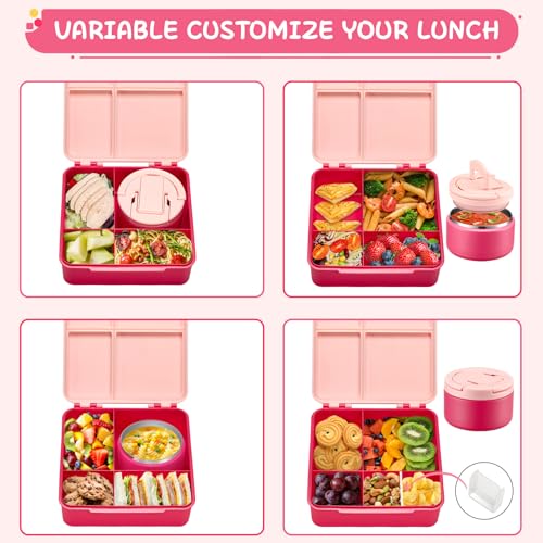 MAXSO Bento Lunch Box Set for Kids with 8 oz Soup Thermo, Leakproof Hot Food Container with 4 Compartments, Insulated Food Jar for Toddler Daycare Boys Girls School - Pink - color: Pink