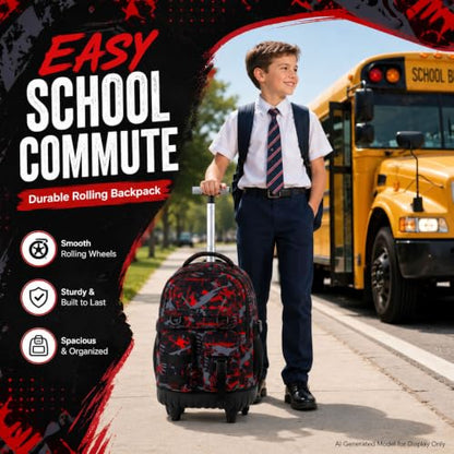 WZLVO 3PCS Boys Rolling Backpack, Water Resistance Roller Bookbag, Wheeled School Bag Set with Lunch Box & Pencil Bag for Teens & Kids - Spray Painted Red - color: 3PCS Boys Rolling Backpack - Spray Painted Red