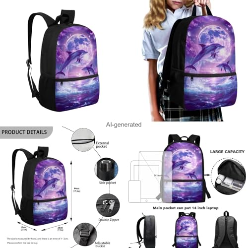 Dolphin Backpack for Girls Kids Backpack with Lunch Box Water Bottle Pouch and Aesthetic Pencil Case 4PCS Set Bookbag with Front Pocket for School Teens 17 inch Large Elementary School Bag - color: Aesthetic Dolphin