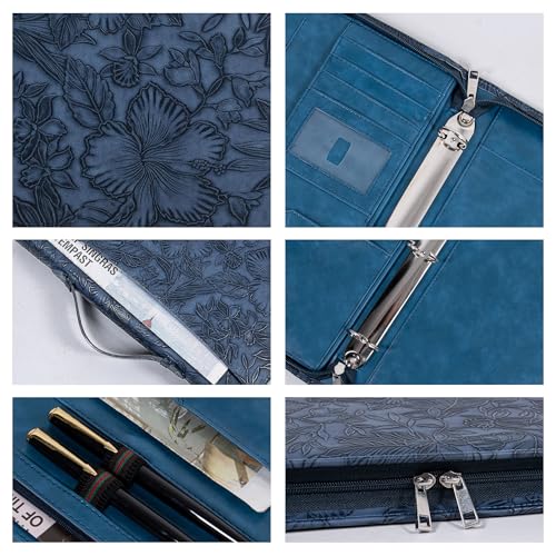 Dark Blue Embossed Portfolio,Business Zipper Binder with Handle,3 Ring Binder with Zipper 1 inch,PU Leather Portfolio,A4 Planner Folder with Laptop Pocket, Professional Organizer for Resume/Interview