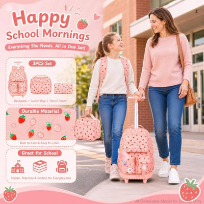 CCJPX Rolling Backpack for Girls, 3Pcs Roller Wheeled School Bookbag, Strawberryra Wheels Backpacks with Lunch Box for Kids (Pink) - color: Strawberry Pink