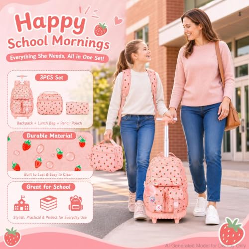 CCJPX Rolling Backpack for Girls, 3Pcs Roller Wheeled School Bookbag, Strawberryra Wheels Backpacks with Lunch Box for Kids (Pink) - color: Strawberry Pink