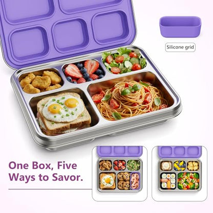 Pawtong Stainless Steel Lunch Box, 5-Compartment Bento Lunch Box for Kids & Adults,Metal Lunch Box with Removable Silicone Container, Lunch Box Containers for School,Office(Purple) - color: Purple
