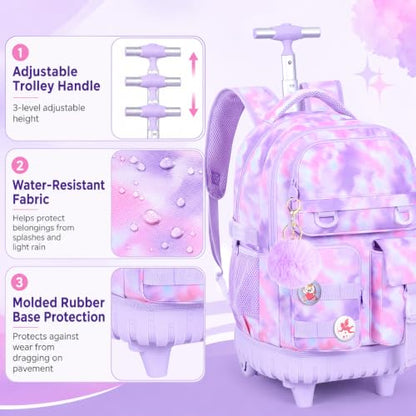 WZLVO 3PCS Backpack with Wheels, Water Resistance Girls Rolling Bookbag, Women Aesthetic Roller School Bag Set with Lunch Box & Pencil Bag for Teens & Kids - Purple Tie Dye Cloud - color: 3pcs Girls Rolling Backpack - Purple Tie Dye Cloud