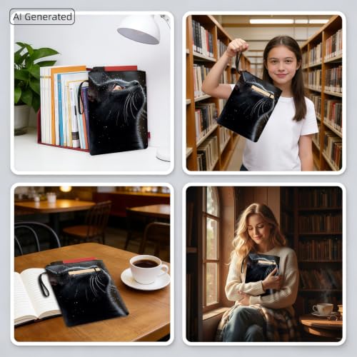 Padded Book Sleeve with Zipper & Front Pocket, Fabric Book Cover | Cute Black Cat Moon Silhouette11.4"x8.7" Washable Canvas Pouch for Hardcovers, Tablets & Reading Accessories - color: Cute Black Cat Moon Silhouette