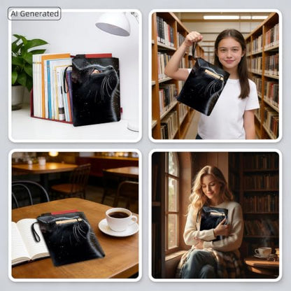 Padded Book Sleeve with Zipper & Front Pocket, Fabric Book Cover | Cute Black Cat Moon Silhouette11.4"x8.7" Washable Canvas Pouch for Hardcovers, Tablets & Reading Accessories - color: Cute Black Cat Moon Silhouette