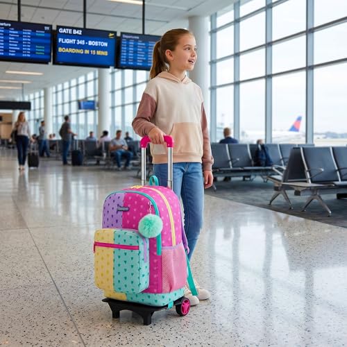 Girls Rolling Backpack with Wheels,Kids Backpack with Wheels Girls Large Capacity School Trolley Bookbag for Elementary Travel & Daily Use - color: Purple Pink Love