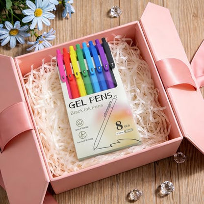 Piochoo Pens, 8 Pack Black Ink Gel Pens Ballpoint Smooth Writing Pens for Journaling, Cute Office Supplies for Nurses Women Teachers - color: Vivid ColorB