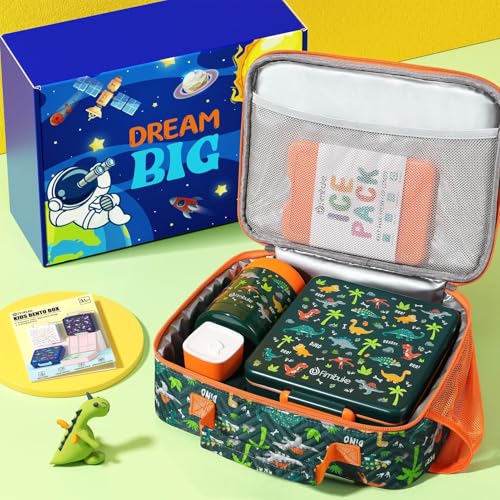 Fimibuke Kids Bento Snack Lunch Box with Thermo Insulated Toddler Lunch Bag | Lunch Box Kids with 4 Compartment, Food Jar, Ice Pack, Utensils, Birthday Gifts for Ages 3-12 Back to School Toddler Girl Boy - color: A7.Green Dinosaur