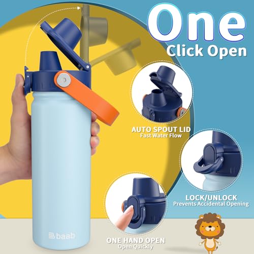 baab 18oz Kids Water Bottle, Insulated Kids Water Bottle with Lockable Spout Lid & Stickers, 18/8 Stainless Steel Vacuum Leakproof Kid Water Cup for Boy Girl & School (Navy Blue+Grey, 2 Pack) - color: Navy Blue+Grey, size: 18 Ounces