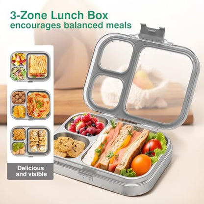 HOMEKOL Stainless Steel Bento Lunch Box, Grey, 3.3Cups | 3-Compartment,Leak-Proof, for Kids & Adults, BPA-Free, Dishwasher Safe, Clear Tritan Lid, 800ml (Not Insulated) - color: Gray, size: 27oz (800ml)