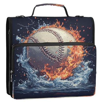 Caikeny 3 Ring Zipper Binder Baseball Fire Water 1.5 inch Binders Bag Flame Soccer with Shoulder Strap and Handle Expanding File Pockets - color: Multicolored 1z2.12