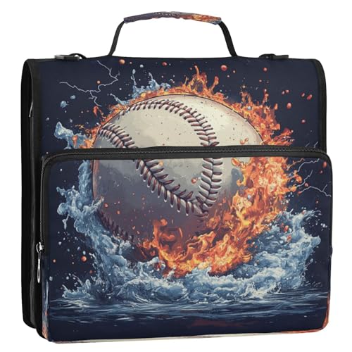 Caikeny 3 Ring Zipper Binder Baseball Fire Water 1.5 inch Binders Bag Flame Soccer with Shoulder Strap and Handle Expanding File Pockets - color: Multicolored 1z2.12