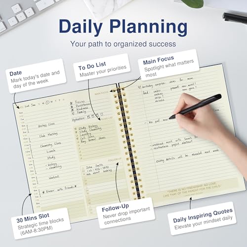 AuroPlanner Undated Daily Planner Notebook 8.5x11 Hourly Schedule Blue | office & student planning, 180 pages 100 GSM cream white paper hardcover spiral bound notebook, 2026-2028 reference calendar - color: Navy Blue