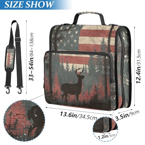 Cute Deer American Flag Zipper Binder Bag 3 Ring with Handle Shoulder Strap, Binder File Organizer Bag Storage Case for Work Office School