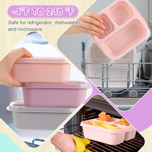 Honeydak 5 Pack Snack Containers 3 Compartment Bento Snack Boxes Divided Meal Prep Containers with Lids Reusable Adults Lunch Food Storage Box for School Work Travel(Pink Gray) - color: Pink Gray