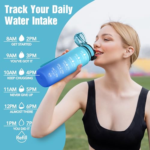 OLDLEY Water Bottle, 32oz Motivational Sports Water Bottle with Time Marker - Times to Drink - Tritan, BPA Free, Wide Mouth Leakproof,Sky - color: Sky