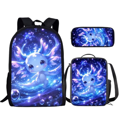Blue Axolotl School Backpack Set of 3 with Lunch Box Pencil Case Large Capacity Bookbag with Compartments Portable Lunch Bag Gift for Girls Boys - color: Blue Axolotl-b