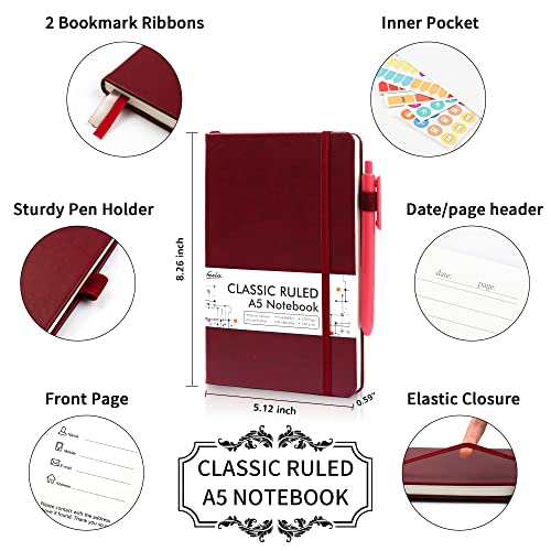 12 Pack Notebooks Journals Bulk with 12 Black Pens, Feela A5 Hardcover Notebook Classic Ruled Journal Set with Pen Holder for School Business Work Travel Writing, 120 GSM, 5.1”x8.3”, Wine - color: 12 Pack wine