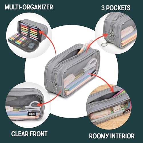 ZIPIT Half & Half Pencil Case, 3 Compartment Zipper Pouch for School, Stationery Bag for Teen Girls Boys and Adults, Grey - color: Grey
