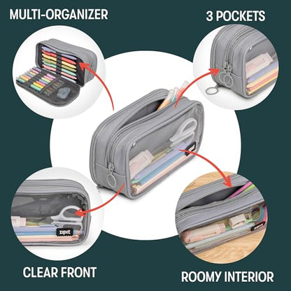 ZIPIT Half & Half Pencil Case, 3 Compartment Zipper Pouch for School, Stationery Bag for Teen Girls Boys and Adults, Grey - color: Grey