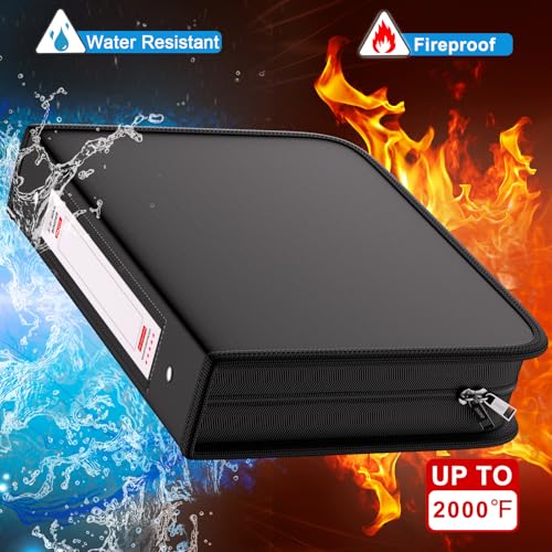 Fireproof 3 Ring Binder with Zipper, 2 Inch D Rings Hold up 450 Sheets of 8.5" x 11" (A4), Compatible with Clear Page Protectors, Built-in net and Pen Holder (1 Pcs, Black, 2") - color: Black, size: 2", style: 1 Pcs