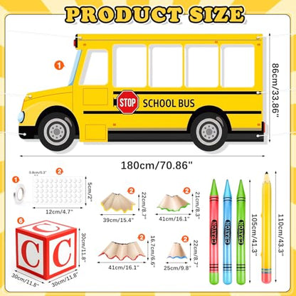 19 Pcs Back to School Decorations Set, School Bus Backdrop, Giant Inflatable Jumbo Crayons & Pencil Balloons, ABC 123 Letter Boxes for First Day of School Kindergarten Preschool Classroom Decor