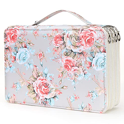 Vomgomfom 200 Slots Pencil Bag, 4-Layer Zipper Portable Art Supply Organizer, PU Leather Large Capacity Colored Pencil Case with Handle for 200 Watercolor Pens, Gel Pens (Gray Rose) - color: B Gray Rose, size: 200 Slots
