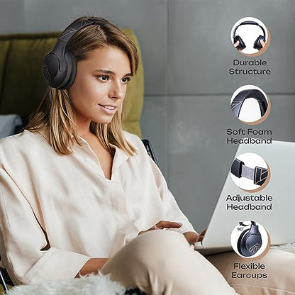 PowerLocus Bluetooth Headphones Over Ear, 50H Playtime with 4 EQ Modes Wireless Headphones with Microphone, HiFi Stereo Deep Bass, Soft Ear Cups, Foldable Lightweight Headset for Travel/Office/Workout - color: Black/Gold